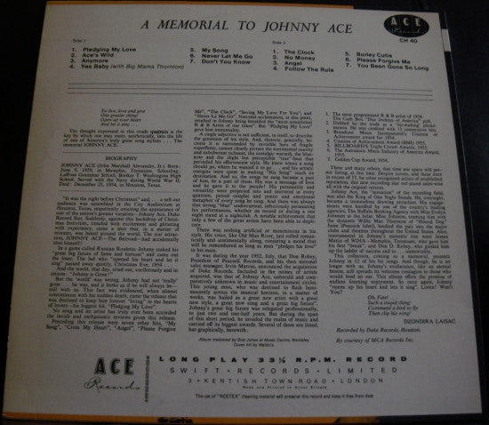 Johnny Ace | Memorial Album For Johnny Ace (12" album)